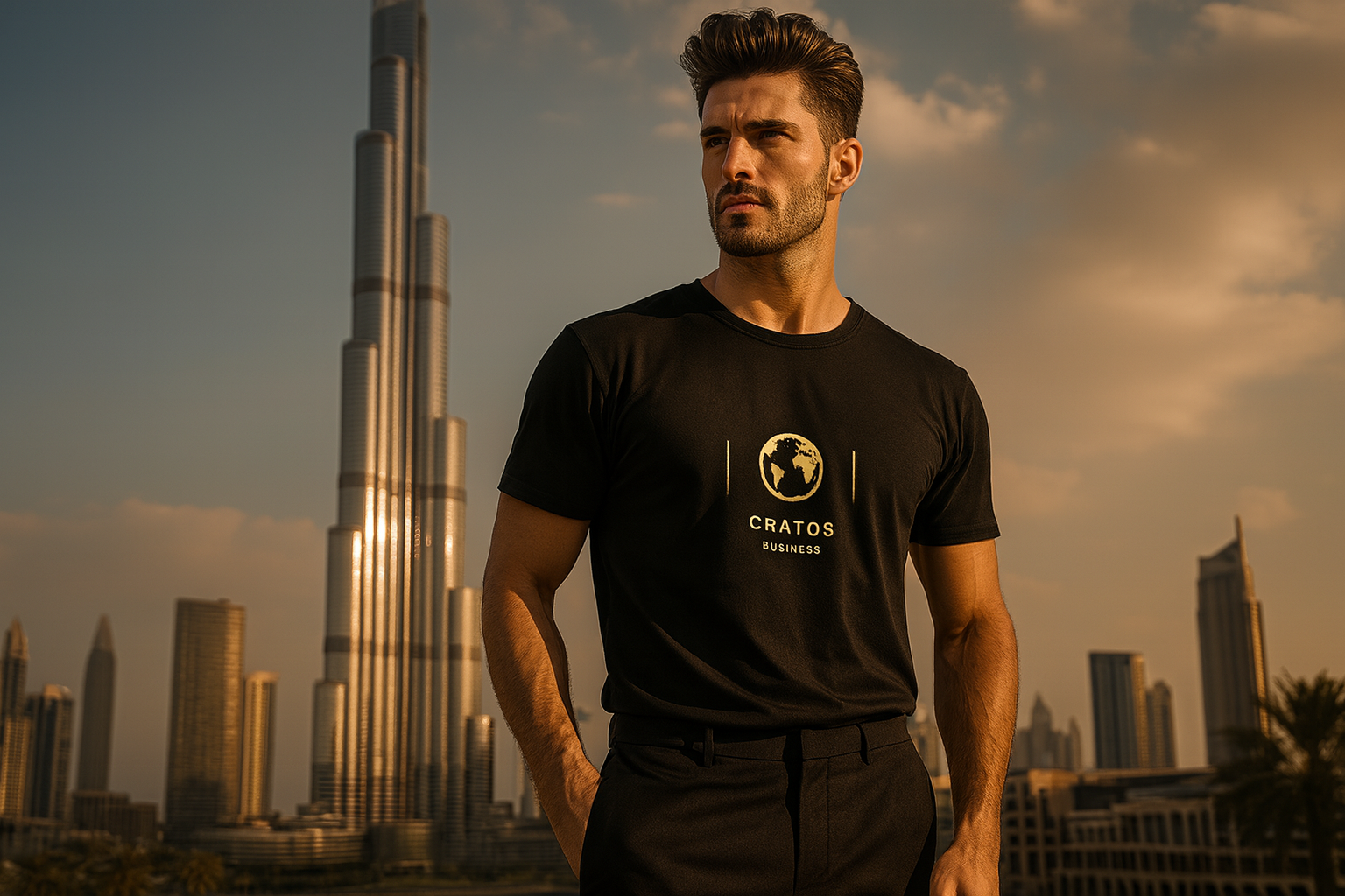 Erkek manken Burj Khalifa'da Cratos tişörtüyle - yeni versiyon
