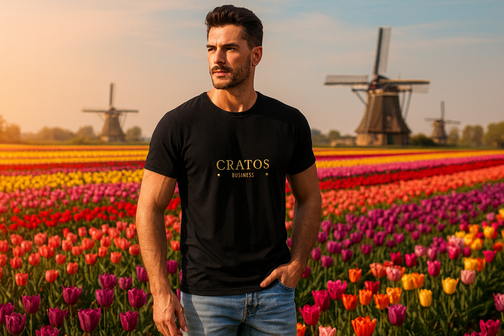 Manken Cratos tişörtüyle Keukenhof lale bahçelerinde