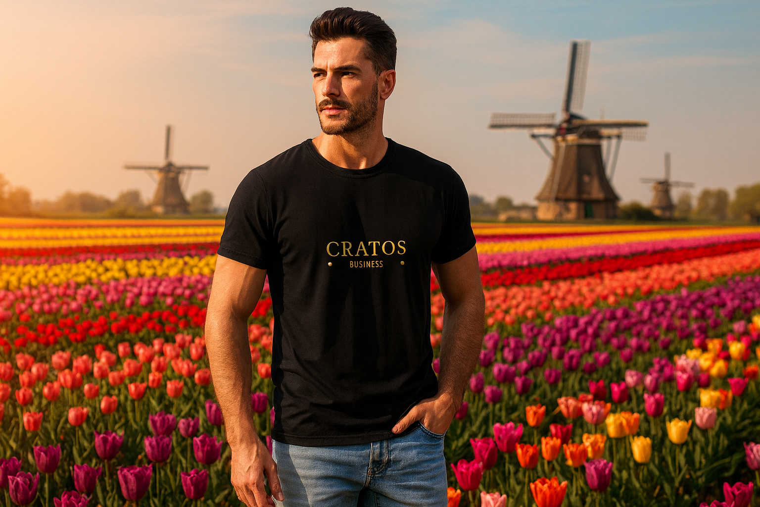 Manken Cratos tişörtüyle Keukenhof lale bahçelerinde